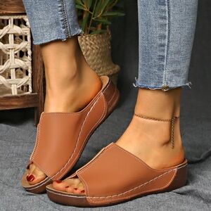 Brown Leather Mules with Peep-Toe Design